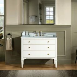 WOODBRIDGE Roma 43"x22"x38" Solid Wood Bath Vanity In White With Gold Hardware And Carrara Engineered Stone Composite Vanity Top With 3 Pre-Drilled Holes, Roma-4221-White+CALAVT4322D-8