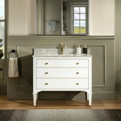WOODBRIDGE Roma 43"x22"x38" Solid Wood Bath Vanity In White With Gold Hardware And Carrara Marble Top With Pre-Drilled Hole For Single Hole Faucet, Roma-4221-White+CAVT4322D-1