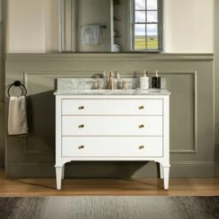 WOODBRIDGE Roma 43"x22"x38" Solid Wood Bath Vanity In White With Gold Hardware And Carrara Marble Top With 3 Pre-Drilled Holes, Roma-4221-White+CAVT4322D-8