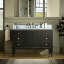 WOODBRIDGE Roma 49"x22"x38" Solid Wood Bath Vanity In Espresso With Gold Hardware And Carrara Engineered Stone Composite Vanity Top With 3 Pre-Drilled Holes, Roma-4821-Espresso+CALAVT4922D-8