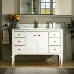WOODBRIDGE Roma 49"x22"x38" Solid Wood Bath Vanity In White With Gold Hardware And Carrara Marble Top With Pre-Drilled Hole For Single Hole Faucet, Roma-4821-White+CAVT4922D-1