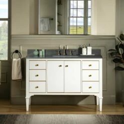 WOODBRIDGE Roma 49"x22"x38" Solid Wood Bath Vanity In White With Gold Hardware And Dark Gray Engineered Stone Composite Vanity Top With 3 Pre-Drilled Holes, Roma-4821-White+DGVT4922D-8