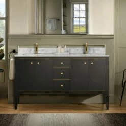 WOODBRIDGE Roma 61"x22"x38" Solid Wood Bath Vanity In Espresso With Gold Hardware And Carrara Marble Top With Pre-Drilled Hole For Single Hole Faucet, Roma-6021-Espresso+CAVT6122D-1