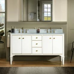 WOODBRIDGE Roma 61"x22"x38" Solid Wood Bath Vanity In White With Gold Hardware And Carrara Engineered Stone Composite Vanity Top With 3 Pre-Drilled Holes, Roma-6021-White+CALAVT6122D-8