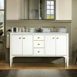 WOODBRIDGE Roma 61"x22"x38" Solid Wood Bath Vanity In White With Gold Hardware And Fish Belly Engineered Stone Composite Vanity Top With 3 Pre-Drilled Holes, Roma-6021-White+FBVT6122D-8