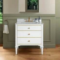 WOODBRIDGE Roma 31"x22"x38" Solid Wood Bath Vanity In White With Gold Hardware And Carrara Marble Top With 3 Pre-Drilled Holes, Roma-3021-White+CAVT3122D-8 -Woodbridgebath Shop 6305824c1afc5 thumb 600x600