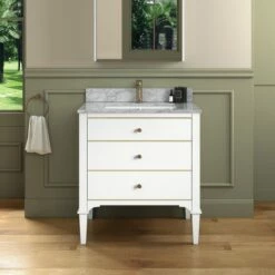 WOODBRIDGE Roma 31"x22"x38" Solid Wood Bath Vanity In White With Gold Hardware And Carrara Marble Top With Pre-Drilled Hole For Single Hole Faucet, Roma-3021-White+CAVT3122D-1 -Woodbridgebath Shop 6305829723b1b thumb 600x600