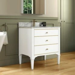WOODBRIDGE Roma 31"x22"x38" Solid Wood Bath Vanity In White With Gold Hardware And Carrara Marble Top With Pre-Drilled Hole For Single Hole Faucet, Roma-3021-White+CAVT3122D-1 -Woodbridgebath Shop 630582a445b8c thumb 600x600