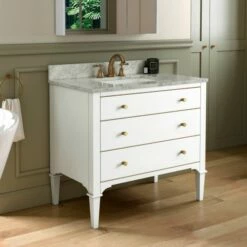 WOODBRIDGE Roma 37"x22"x38" Solid Wood Bath Vanity In White With Gold Hardware And Carrara Marble Top With 3 Pre-Drilled Holes, Roma-3621-White+CAVT3722D-8 -Woodbridgebath Shop 630586f017b2d thumb 600x600