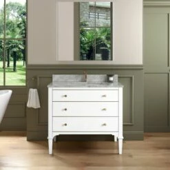 WOODBRIDGE Roma 37"x22"x38" Solid Wood Bath Vanity In White With Gold Hardware And Carrara Marble Top With Pre-Drilled Hole For Single Hole Faucet, Roma-3621-White+CAVT3722D-1 -Woodbridgebath Shop 630587167730c thumb 600x600