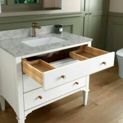 WOODBRIDGE Roma 37"x22"x38" Solid Wood Bath Vanity In White With Gold Hardware And Carrara Marble Top With Pre-Drilled Hole For Single Hole Faucet, Roma-3621-White+CAVT3722D-1 -Woodbridgebath Shop 630587195e7e3 thumb 600x600