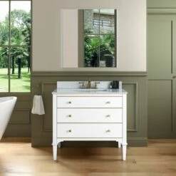 WOODBRIDGE Roma 37"x22"x38" Solid Wood Bath Vanity In White With Gold Hardware And Carrara Engineered Stone Composite Vanity Top With 3 Pre-Drilled Holes, Roma-3621-White+CALAVT3722D-8 -Woodbridgebath Shop 630588c35f597 thumb 600x600