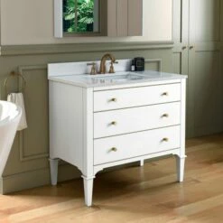 WOODBRIDGE Roma 37"x22"x38" Solid Wood Bath Vanity In White With Gold Hardware And Carrara Engineered Stone Composite Vanity Top With 3 Pre-Drilled Holes, Roma-3621-White+CALAVT3722D-8 -Woodbridgebath Shop 630588c37a919 thumb 600x600