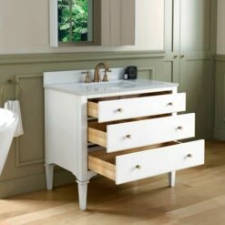 WOODBRIDGE Roma 37"x22"x38" Solid Wood Bath Vanity In White With Gold Hardware And Carrara Engineered Stone Composite Vanity Top With 3 Pre-Drilled Holes, Roma-3621-White+CALAVT3722D-8 -Woodbridgebath Shop 630588c4e1de1 thumb 600x600