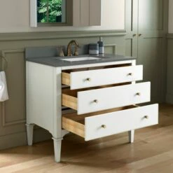 WOODBRIDGE Roma 37"x22"x38" Solid Wood Bath Vanity In White With Gold Hardware And Dark Gray Engineered Stone Composite Vanity Top With 3 Pre-Drilled Holes, Roma-3621-White+DGVT3722D-8 -Woodbridgebath Shop 630588f7167b1 thumb 600x600