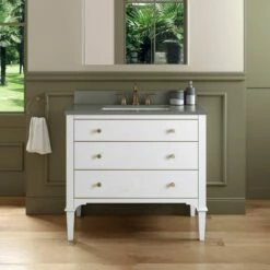 WOODBRIDGE Roma 37"x22"x38" Solid Wood Bath Vanity In White With Gold Hardware And Dark Gray Engineered Stone Composite Vanity Top With 3 Pre-Drilled Holes, Roma-3621-White+DGVT3722D-8 -Woodbridgebath Shop 630588f76f4ae thumb 600x600