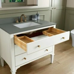 WOODBRIDGE Roma 37"x22"x38" Solid Wood Bath Vanity In White With Gold Hardware And Dark Gray Engineered Stone Composite Vanity Top With 3 Pre-Drilled Holes, Roma-3621-White+DGVT3722D-8 -Woodbridgebath Shop 630588ffeec28 thumb 600x600