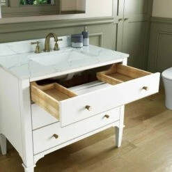 WOODBRIDGE Roma 37"x22"x38" Solid Wood Bath Vanity In White With Gold Hardware And Fish Belly Engineered Stone Composite Vanity Top With 3 Pre-Drilled Holes, Roma-3621-White+FBVT3722D-8 -Woodbridgebath Shop 63058925487ed thumb 600x600
