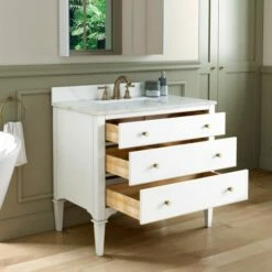 WOODBRIDGE Roma 37"x22"x38" Solid Wood Bath Vanity In White With Gold Hardware And Fish Belly Engineered Stone Composite Vanity Top With 3 Pre-Drilled Holes, Roma-3621-White+FBVT3722D-8 -Woodbridgebath Shop 6305892a0d567 thumb 600x600
