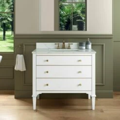 WOODBRIDGE Roma 37"x22"x38" Solid Wood Bath Vanity In White With Gold Hardware And Fish Belly Engineered Stone Composite Vanity Top With 3 Pre-Drilled Holes, Roma-3621-White+FBVT3722D-8 -Woodbridgebath Shop 63058930c8065 thumb 600x600