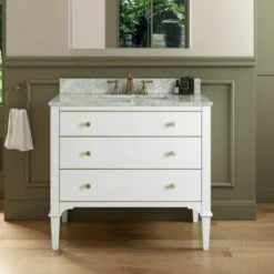 WOODBRIDGE Roma 43"x22"x38" Solid Wood Bath Vanity In White With Gold Hardware And Carrara Marble Top With 3 Pre-Drilled Holes, Roma-4221-White+CAVT4322D-8 -Woodbridgebath Shop 63058c5fe6510 thumb 600x600