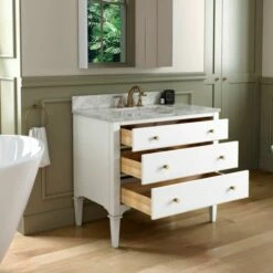 WOODBRIDGE Roma 43"x22"x38" Solid Wood Bath Vanity In White With Gold Hardware And Carrara Marble Top With 3 Pre-Drilled Holes, Roma-4221-White+CAVT4322D-8 -Woodbridgebath Shop 63058c6a135d9 thumb 600x600