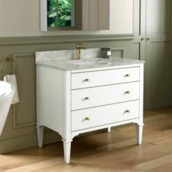 WOODBRIDGE Roma 43"x22"x38" Solid Wood Bath Vanity In White With Gold Hardware And Carrara Marble Top With Pre-Drilled Hole For Single Hole Faucet, Roma-4221-White+CAVT4322D-1 -Woodbridgebath Shop 63058c9982162 thumb 600x600