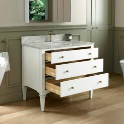 WOODBRIDGE Roma 43"x22"x38" Solid Wood Bath Vanity In White With Gold Hardware And Carrara Marble Top With Pre-Drilled Hole For Single Hole Faucet, Roma-4221-White+CAVT4322D-1 -Woodbridgebath Shop 63058c99e2061 thumb 600x600