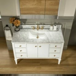 WOODBRIDGE Roma 49"x22"x38" Solid Wood Bath Vanity In White With Gold Hardware And Carrara Marble Top With Pre-Drilled Hole For Single Hole Faucet, Roma-4821-White+CAVT4922D-1 -Woodbridgebath Shop 6305907b3548f thumb 600x600