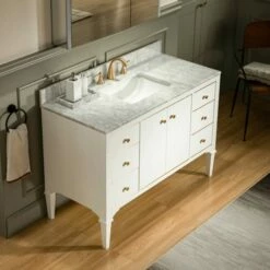 WOODBRIDGE Roma 49"x22"x38" Solid Wood Bath Vanity In White With Gold Hardware And Carrara Marble Top With Pre-Drilled Hole For Single Hole Faucet, Roma-4821-White+CAVT4922D-1 -Woodbridgebath Shop 6305907c0fc9d thumb 600x600
