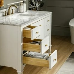 WOODBRIDGE Roma 49"x22"x38" Solid Wood Bath Vanity In White With Gold Hardware And Carrara Marble Top With Pre-Drilled Hole For Single Hole Faucet, Roma-4821-White+CAVT4922D-1 -Woodbridgebath Shop 6305907e35934 thumb 600x600