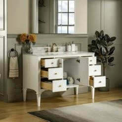 WOODBRIDGE Roma 49"x22"x38" Solid Wood Bath Vanity In White With Gold Hardware And Carrara Marble Top With Pre-Drilled Hole For Single Hole Faucet, Roma-4821-White+CAVT4922D-1 -Woodbridgebath Shop 63059089d767c thumb 600x600