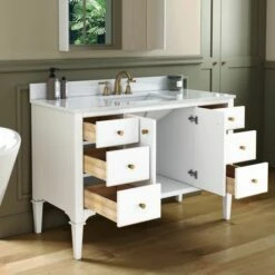 WOODBRIDGE Roma 49"x22"x38" Solid Wood Bath Vanity In White With Gold Hardware And Carrara Engineered Stone Composite Vanity Top With 3 Pre-Drilled Holes, Roma-4821-White+CALAVT4922D-8 -Woodbridgebath Shop 630590c0dafaf thumb 600x600