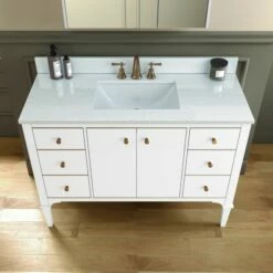 WOODBRIDGE Roma 49"x22"x38" Solid Wood Bath Vanity In White With Gold Hardware And Carrara Engineered Stone Composite Vanity Top With 3 Pre-Drilled Holes, Roma-4821-White+CALAVT4922D-8 -Woodbridgebath Shop 630590c120571 thumb 600x600