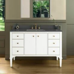 WOODBRIDGE Roma 49"x22"x38" Solid Wood Bath Vanity In White With Gold Hardware And Dark Gray Engineered Stone Composite Vanity Top With 3 Pre-Drilled Holes, Roma-4821-White+DGVT4922D-8 -Woodbridgebath Shop 6305911f76072 thumb 600x600