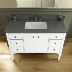 WOODBRIDGE Roma 49"x22"x38" Solid Wood Bath Vanity In White With Gold Hardware And Dark Gray Engineered Stone Composite Vanity Top With 3 Pre-Drilled Holes, Roma-4821-White+DGVT4922D-8 -Woodbridgebath Shop 630591205462b thumb 600x600