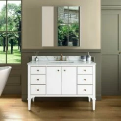WOODBRIDGE Roma 49"x22"x38" Solid Wood Bath Vanity In White With Gold Hardware And Fish Belly Engineered Stone Composite Vanity Top With 3 Pre-Drilled Holes, Roma-4821-White+FBVT4922D-8 -Woodbridgebath Shop 630591465cf7e thumb 600x600