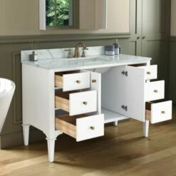 WOODBRIDGE Roma 49"x22"x38" Solid Wood Bath Vanity In White With Gold Hardware And Fish Belly Engineered Stone Composite Vanity Top With 3 Pre-Drilled Holes, Roma-4821-White+FBVT4922D-8 -Woodbridgebath Shop 63059146e7da3 thumb 600x600