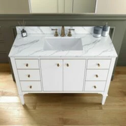 WOODBRIDGE Roma 49"x22"x38" Solid Wood Bath Vanity In White With Gold Hardware And Fish Belly Engineered Stone Composite Vanity Top With 3 Pre-Drilled Holes, Roma-4821-White+FBVT4922D-8 -Woodbridgebath Shop 63059148a5faa thumb 600x600