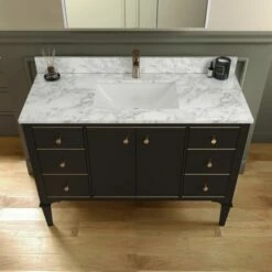 WOODBRIDGE Roma 49"x22"x38" Solid Wood Bath Vanity In Espresso With Gold Hardware And Carrara Marble Top With Pre-Drilled Hole For Single Hole Faucet, Roma-4821-Espresso+CAVT4922D-1 -Woodbridgebath Shop 6305927fe0def thumb 600x600